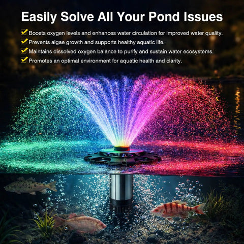 RGB LED Pond Fountain Aerator With Floating Light Show And Lit Night Illumination 750W 1HP Pump Delivers 15000 GPH IP68 Stainless Steel Construction Multicolor For Ponds And Lakes, showcasing vibrant multicolor water display at night with fish swimming around.