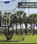 Baseball player pitching towards a 7x7 Baseball Training Net Heavy Duty Pitching And Hitting Practice Net For Baseball And Softball With Adjustable Strike Zone Target 7 Foot By 7 Foot Strike Zone And Carry Bag Ideal For Backyard Sessions Batting Cages Team Drills And Solo Training in a field