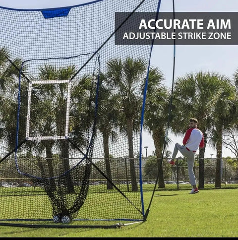 Baseball player pitching towards a 7x7 Baseball Training Net Heavy Duty Pitching And Hitting Practice Net For Baseball And Softball With Adjustable Strike Zone Target 7 Foot By 7 Foot Strike Zone And Carry Bag Ideal For Backyard Sessions Batting Cages Team Drills And Solo Training in a field