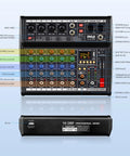 Top view of Bluetooth DJ Mixer With 6 Channel Control And DSP Effects 16 Presets USB Interface with labeled controls and inputs.