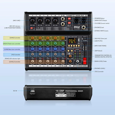 Top view of Bluetooth DJ Mixer With 6 Channel Control And DSP Effects 16 Presets USB Interface with labeled controls and inputs.