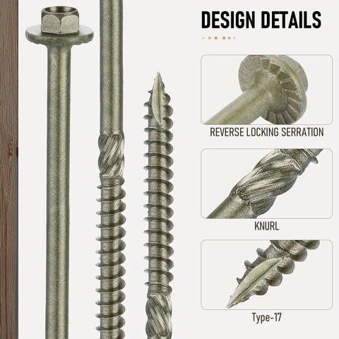 Heavy Duty Hex Drive Wood Screws Eight Inches Long Structural Lag Bolts Green Corrosion Shield Coating with serration details.