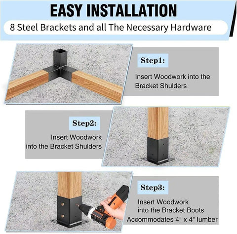 Installation steps for Heavy Duty 3-Way Right Angle Corner Bracket Kit For 4x4 Pergola Posts And Extension Wood Stand