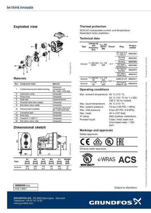 Technical diagram of Scala2 Smart Pressure Boosting Pump with auto control, dimensions, materials, and specifications