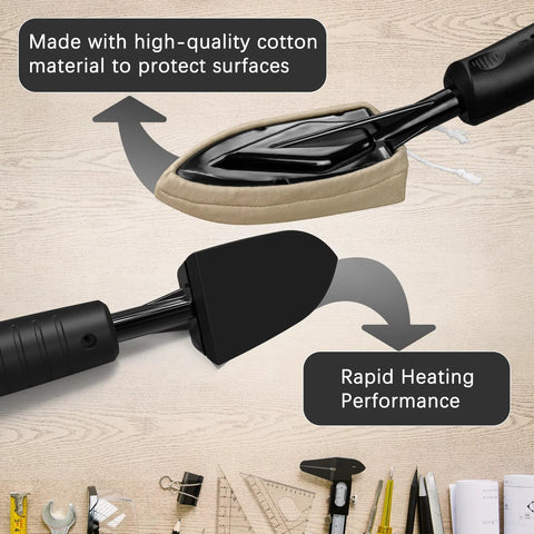 Side view of edge banding iron with beige cotton sock on head and black handle
