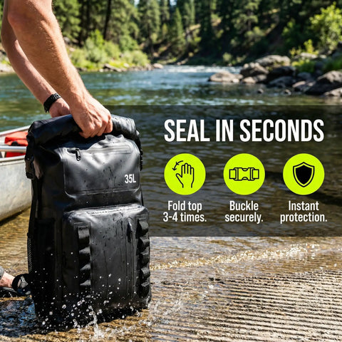 100 Percent Waterproof Roll Top Dry Bag Backpack With Front Splash Proof Pocket, Lightweight Floating 35L Pack used by river