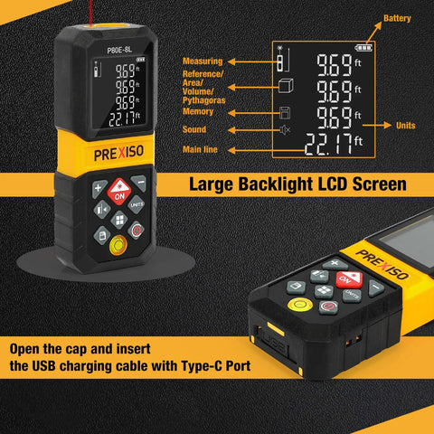 Rechargeable Laser Distance Meter With 265 Ft Range Six Measurement Modes Including Single Continuous Min Max Area Volume Two Point Pythagorean Three Point Pythagorean M In Ft Readouts Three Reference Points For Easy Pro Jobsite Measurements, USB Type-C charging