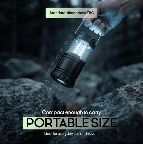 Person holding LED Camping Lantern For Outdoor Adventures And Home Power Outages at night, portable and collapsible.