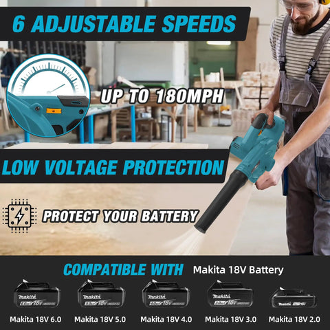 Person using Cordless Leaf Blower And Vacuum With Brushless Motor, 6 Variable Speeds Up To 180 MPH, Battery Not Included