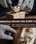 All In One Ultimate Starter Whittling Wood Carving Kit For Beginners With Eight Carving Knives, shown carving fine details on wood blocks.