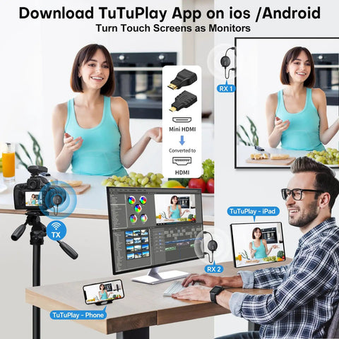 Person using Wireless HDMI Transmitter Kit With Dual Receivers For Multi TV Streaming At 165 Feet Five Gigahertz And Two Point Four Gigahertz 60Hz Plug And Play Extender No Lag From Laptop Or PC Home Theater And Office Presentations with multiple devices.