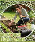 Easy-To-Use Manual Garden Seeder With 4-Row Setup For Small Farms in use by woman planting rows in garden