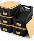 Top Tier Stackable Storage Bins With Bamboo Lids Set Of Six Heavy Duty Bpa Free Plastic Baskets designed for organizing with labels.