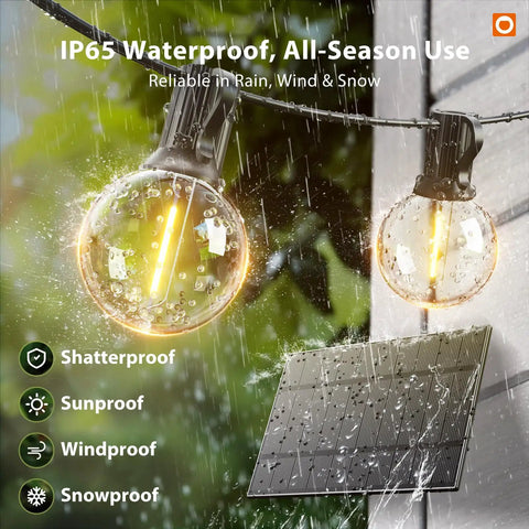 Outdoor Solar String Lights With Remote No Outlet Needed, 106 Ft Total Length, 100 Ft Lights And 6 Ft Panel Lead, 54 LED Shatterproof G40 Bulbs in rain