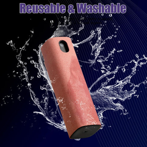 Pink cylindrical screen-cleaner spray bottle with built-in solution, side view