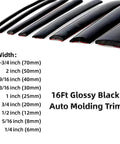 16 ft glossy black auto molding trim assortment with multiple widths (2-3/4 in to 1/4 in) for bumper, window, and door.