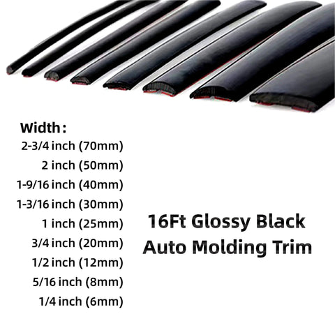 16 ft glossy black auto molding trim assortment with multiple widths (2-3/4 in to 1/4 in) for bumper, window, and door.