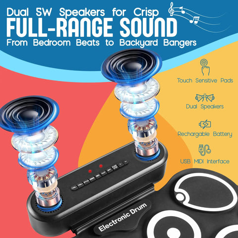 9 Pad Portable Roll Up Drum Kit With USB MIDI Bluetooth, showing dual 5W speakers and control panel close-up.