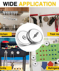 Beefy Neodymium Round Base Cup Magnets With Countersunk Holes And Stainless Screws, 100 Lb Holding Power, Pack Of 24, Silver, uses in kitchen, tool room, grills, refrigerators.