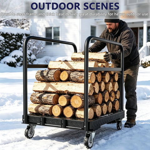Heavy Duty Panel Push Cart Builds Tough Converts To A Flatbed Dolly Hauls 1500 Pounds Of Lumber Plywood And Bulky Gear Without The Sweat For Any Real Life Worksite, with logs stacked in snow.