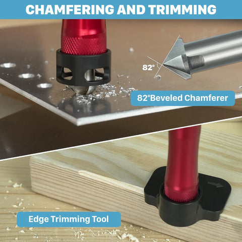 Pro Grade 10 In 1 Countersink Drill Bit Set With Depth Stop And Chamfer Tool, used on metal and wood surfaces.