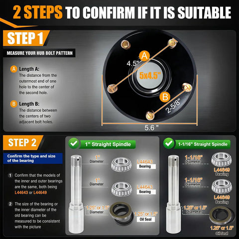 Diagram displaying two steps to confirm fit for Solid Rig 2000 Lb 2 Pack Boat Trailer Hub Kit 5X4.5 Bolt Pattern.