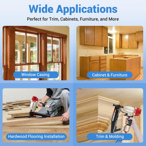 Image showcasing applications of Five Sizes 16 Gauge Galvanized Finish Nails 2500 Pcs Assorted Set for cabinetry and trim projects.