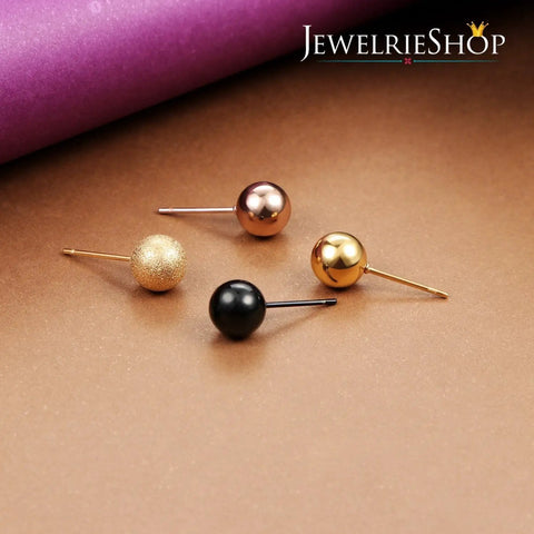 Unisex Ball Stud Earrings Set, 8 Pairs In Matte And Shiny Finishes, Silver, Gold, Rose Gold, Black, 8mm Diameter, Everyday Wear, Assorted Colors For Any Look, four ball studs on display
