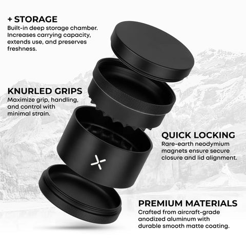 Exploded view of Toothless 2.5 Inch Aluminum Spice And Herb Grinder With Extra Storage Compartment matte black durable aluminum body.