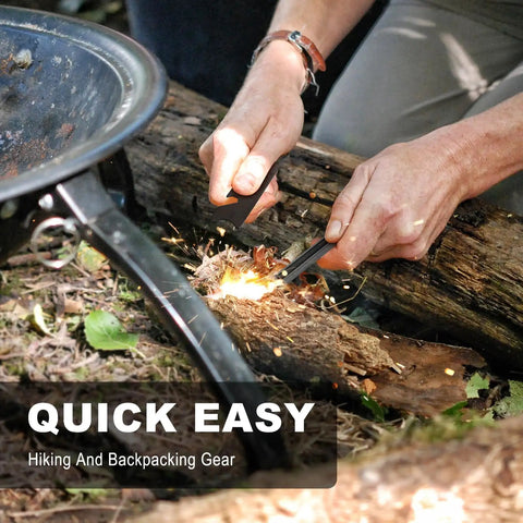 Person using Hardcore Fire Starter Survival Kit With Magnesium Waterproof Matches And Ferro Rod Outdoor Firesteel Gear With Striker on wood