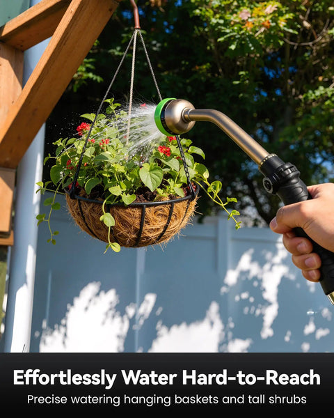 Heavy-Duty 16-Inch Garden Hose Wand With 9 Spray Patterns watering hanging basket, aluminum zinc alloy nozzle in use