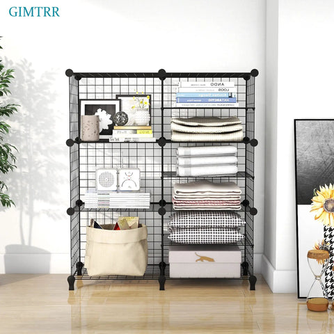 17 Cube Wire Closet Organizer Storage Shelves with folded clothes and books, black metal frame with ABS connectors in living room
