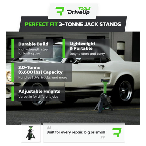 3-ton jack stands, DriveUp 2-pack, adjustable, black with green handle