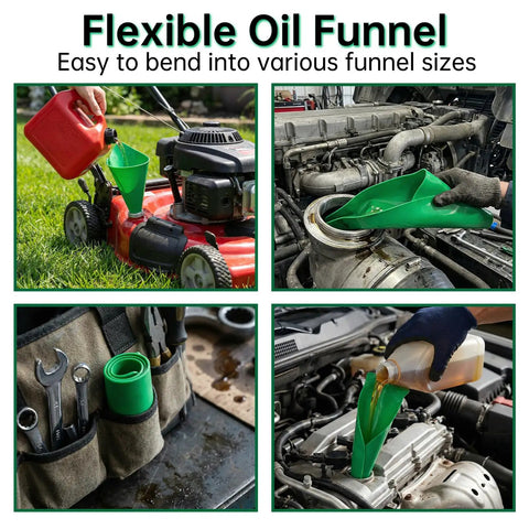 Flexible Silicone Oil Change Funnel Set in use with lawnmower and cars, bendable and spill-free for automotive oil transfer.