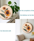Sunflower Punch Needle Kit For Beginners - No-Fuss DIY Embroidery Starter Set with completed hoop displayed on shelf and wall.