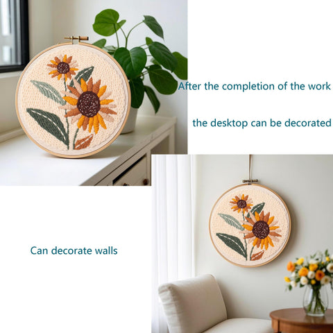 Sunflower Punch Needle Kit For Beginners - No-Fuss DIY Embroidery Starter Set with completed hoop displayed on shelf and wall.