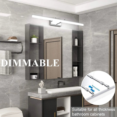31.5 Inch Dimmable LED Vanity Light For Bathroom Chrome Fixtures Over Mirror With 180 Degree Adjustable Arm White Daylight Glow Easy Wall Dimming Modern Bath Lighting installed above mirror