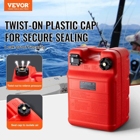 Portable 6.34-Gallon Marine Tank With 9.8ft Hose And Gauge For Outboard Engines, Yachts, Fishing Boats And Deck Boats Red, Mess-Free No-Spill Design with secure twist-on cap shown.