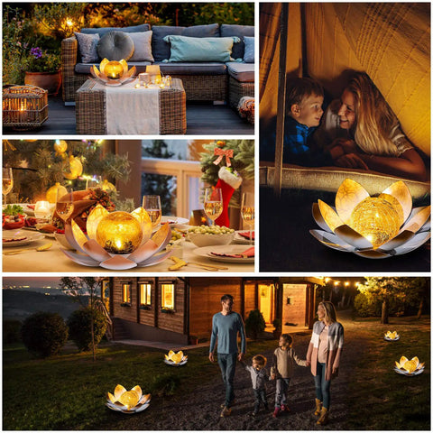 Outdoor Garden Solar Lights 2 Pack Amber Crackle Globe Lotus Decorations Waterproof Orange Metal LED Flower Lights For Patio Lawn Walkway Tabletop Ground Totally Lit Garden Gift For Women displayed in various settings.
