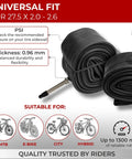 27.5 Inch Bike Inner Tubes Pack of 2 with 48mm Presta Valve and universal fit for mountain, hybrid, e-bike, city bikes.