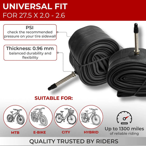 27.5 Inch Bike Inner Tubes Pack of 2 with 48mm Presta Valve and universal fit for mountain, hybrid, e-bike, city bikes.