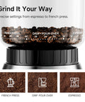 Premium Electric Coffee Grinder With Stainless Steel Conical Burrs And Forty Eight Adjustable Settings For Espresso To French Press, coffee beans.