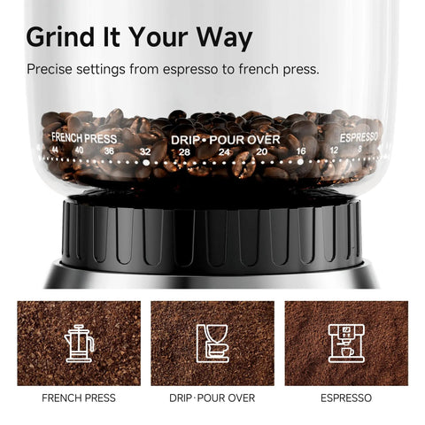 Premium Electric Coffee Grinder With Stainless Steel Conical Burrs And Forty Eight Adjustable Settings For Espresso To French Press, coffee beans.