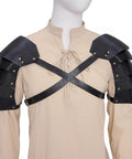 Double Pauldrons Faux Leather Shoulder Armor For Larp Cosplay And Ren Faire on beige tunic mannequin front view
