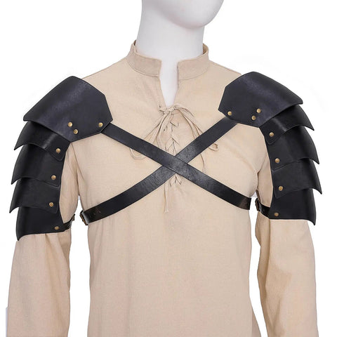 Double Pauldrons Faux Leather Shoulder Armor For Larp Cosplay And Ren Faire on beige tunic mannequin front view