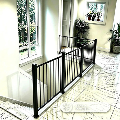 Top Shelf Deck Railing Kit For Patios And Balconies With Post 36 Inch Height And 3 Feet Wide in black aluminum for indoor stair landing.