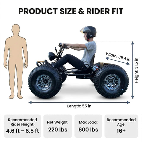 Side view of 72V Electric Off Road Go Kart 3000W Brushless Motor Peak 10.8kW with rider fit and dimensions.