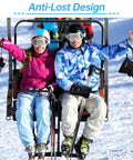 Skiers wearing wrist straps for gloves on a lift, Slender Ski Glove Wrist Straps With Metal Clasp, No Fuss Way To Keep Your Gloves Secured