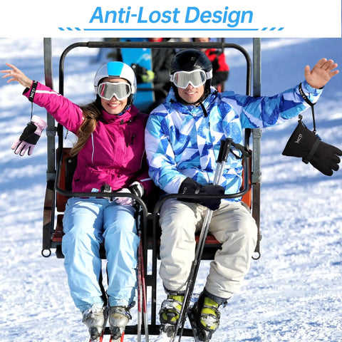 Skiers wearing wrist straps for gloves on a lift, Slender Ski Glove Wrist Straps With Metal Clasp, No Fuss Way To Keep Your Gloves Secured