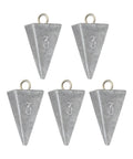 Pyramid Lead Fishing Sinkers For Saltwater 3oz Each 5 Pack Beefy Pyramid Weights For Long Casts And Quick Sinking Ideal For Sandy Or Muddy Bottoms And Strong Currents, showing five metal weights with hooks.